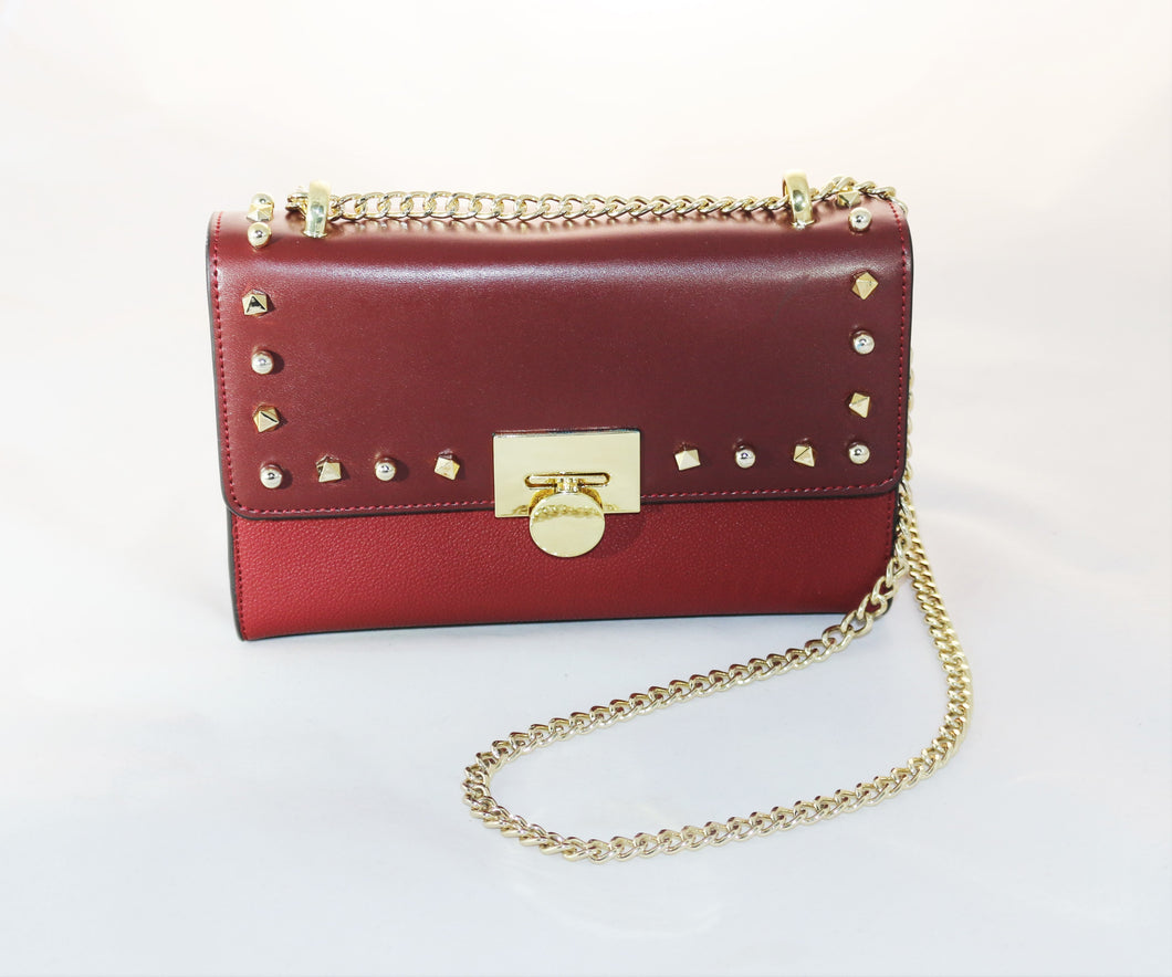 Two Tone Studded Shoulder Bag with Chain Straps and Golden Clasp- OX-BLOOD /RED