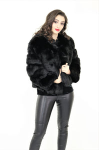 Faux Fur Stipe Boxy Cropped Jacket- Black