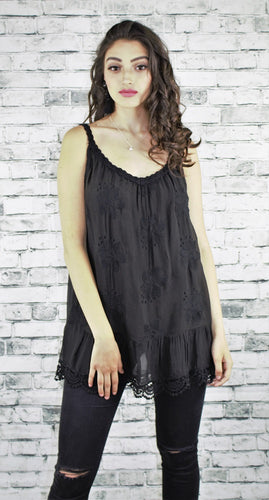 Embroidered Sleeveless Silk Top with Crochet detail - Black