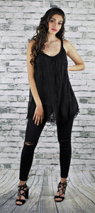 Embroidered Sleeveless Silk Top with Crochet detail - Black