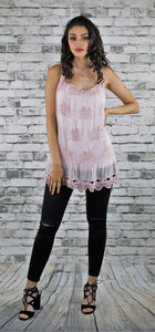 Embroidered Sleeveless Silk Top with Crochet detail - Blush