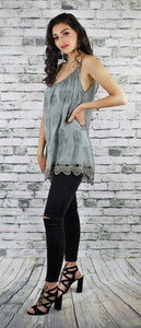 Embroidered Sleeveless Silk Top with Crochet detail - Green