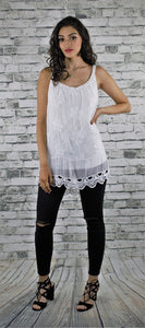 Embroidered Sleeveless Silk Top with Crochet detail - White