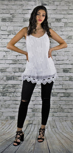Embroidered Sleeveless Silk Top with Crochet detail - White