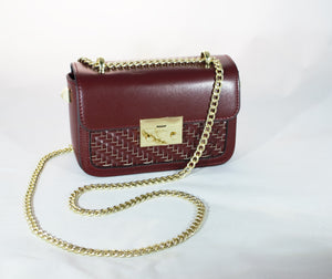 Mini Woven Shoulder Bag with Chain Straps and Golden Clasp in OX-BLOOD