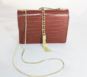 Mini Tussle Chain Shoulder Bag with Snake Chain Strap and Golden Clasp - TOFFEE